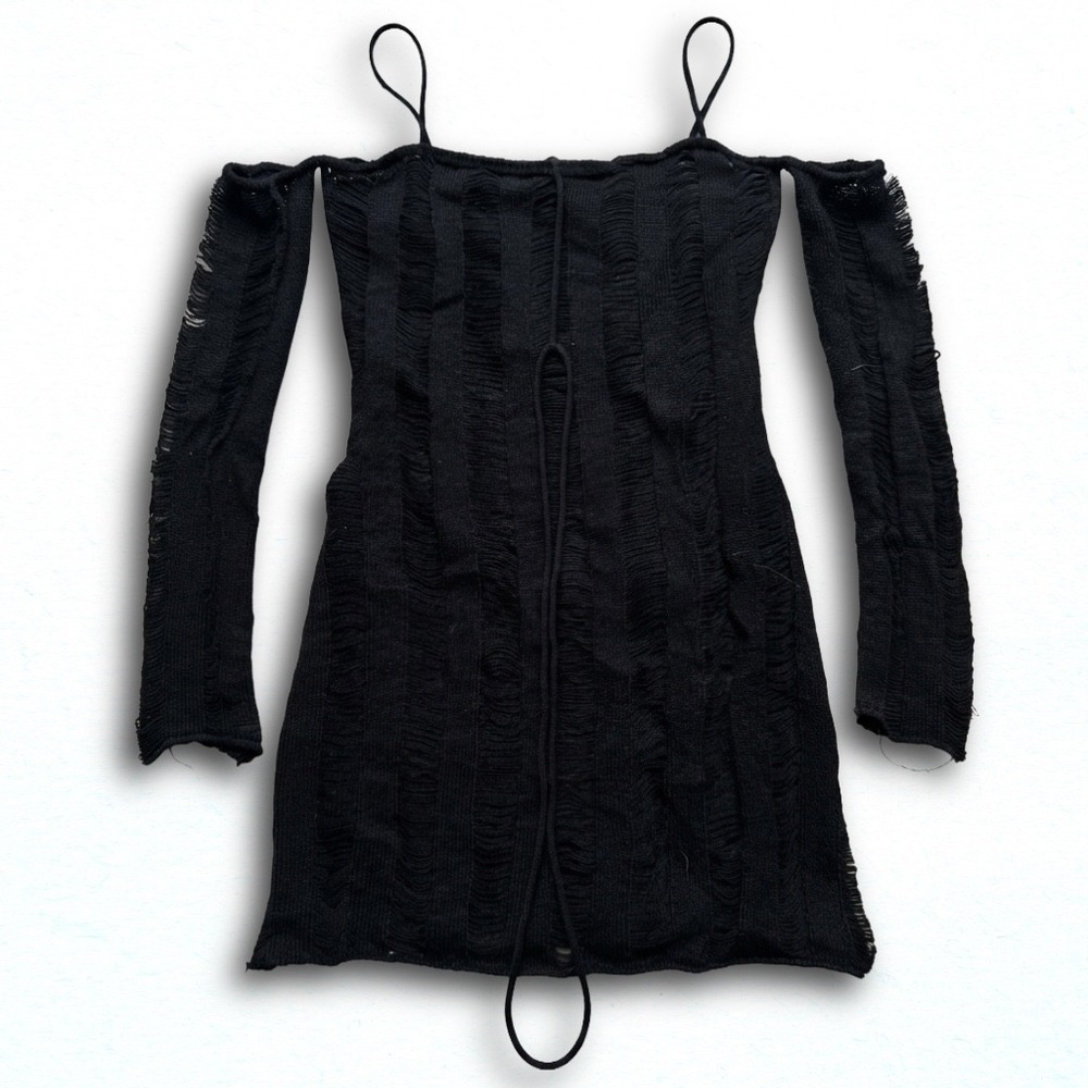 Black Distressed Knit Mini Dress Cold Shoulder Grunge Punk Gothic Shredded